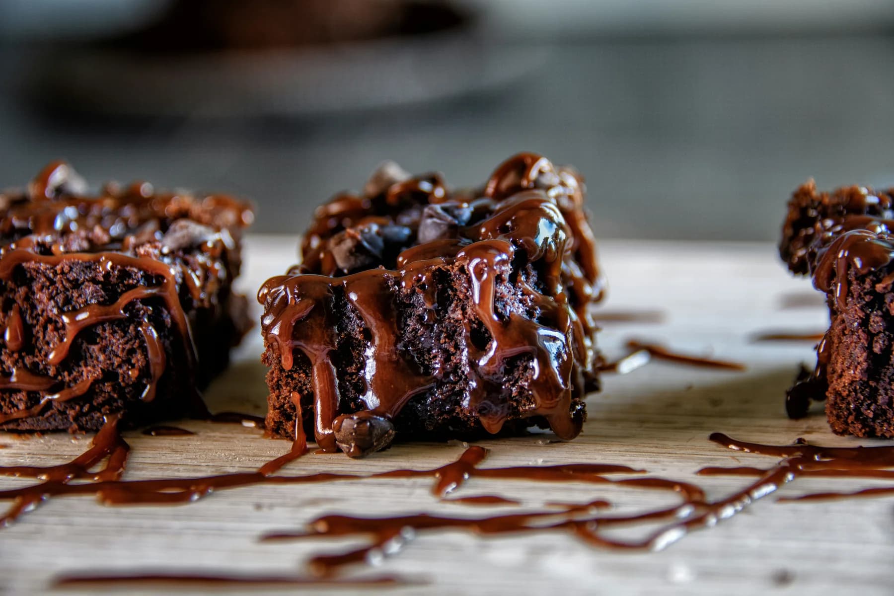 Chocolate brownies with glossy chocolate drizzle